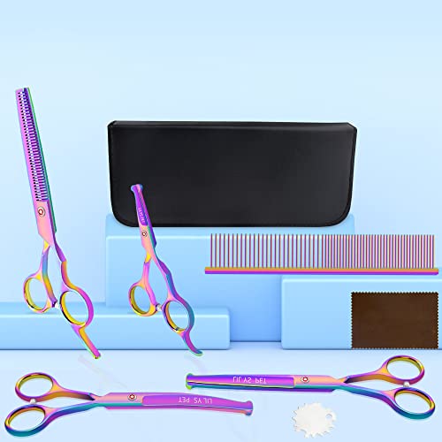 Lilys Pet Safe Round-Tip Professional Pet Dog Grooming Coated Titanium Scissors Suit Cutting&Curved&Thinning Shears Set (Rainbow) #TOP1
