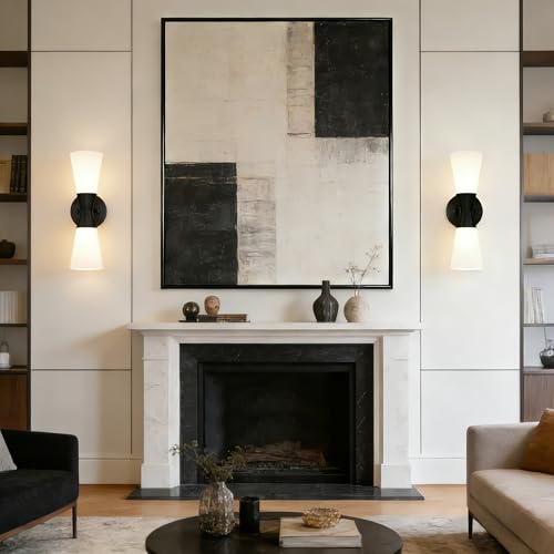 Image of Wall Sconces Set of 2 for Bathroom, Modern Indoor Vanity Light Fixtures 15 inch, Up Down Lighting, Wall Mount Lamp for Living Room Bedroom Hallway Stairway Fireplace Mirror E26 Base 2PC White&Black