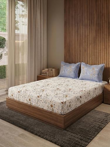 Image of DDECOR Live Beautiful 100% Compact Combed Cotton Floral King Flat Bedsheet with 2 Pillow Covers | Rotary Print 145TC | Perfect for Everyday Bedroom Use | Cresta Collection | 2.24 x 2.54 M|Allure Blue