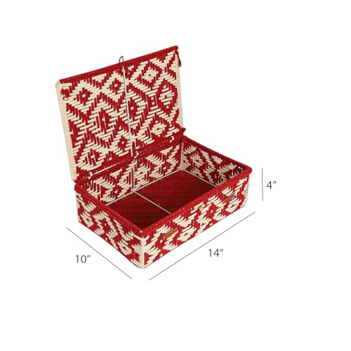 Image of Kaahira Handmade Decorative Storage Box and Organiser | Macrame Gift Hamper Box for Cosmetics, Toiletries & Return Gifts | Aesthetic Rope Woven Organizer (Red and White, Large - 14x10x4 inches)