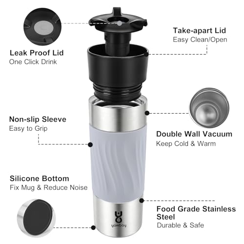 Image of Travel Coffee Mug Spill Proof,17 Oz Travel Mug with 360Drinking Lid,Double Wall Vacuum Insulated Coffee Travel Mug Stainless Steel Thermal Coffee Thermos Mugs for Hot and Cold Drinks(Grey)