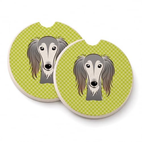 Caroline's Treasures BB1291CARC Checkerboard Lime Green Saluki Set of 2 Cup Holder Car Coasters Absorbent Sandstone Coasters for Car Cup Holders Gifts for Men or Women, Large, Multicolor