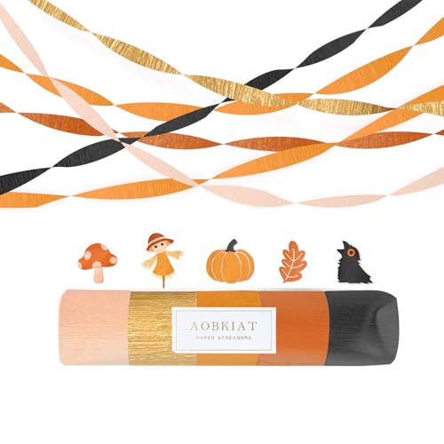 Image of AOBKIAT Fall Streamers Party Decorations,5 Rolls Pumpkin Orange Gold Black | Crepe Paper Streamers for Thanksgiving Day,Halloween,Birthday Wedding Baby Shower Retro Party Backdrop