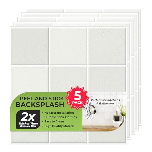 5 Pack Peel and Stick Backsplash Square Tiles, Extra Thick 3D Wall Panels, Heat & Water Resistant, Easy DIY Kitchen, Bathroom, Laundry, Fireplace & Rental Home Wall Décor (12 x 12 in), Stone White
