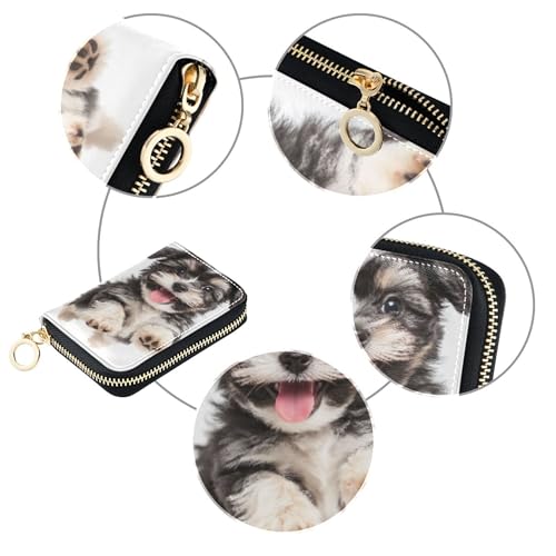 9 Credit Card Slots & 2 Cash Slots Leather Wallet Women Zip Around Zipper Travel Wallet with Key Ring Black White Dog Puppy4