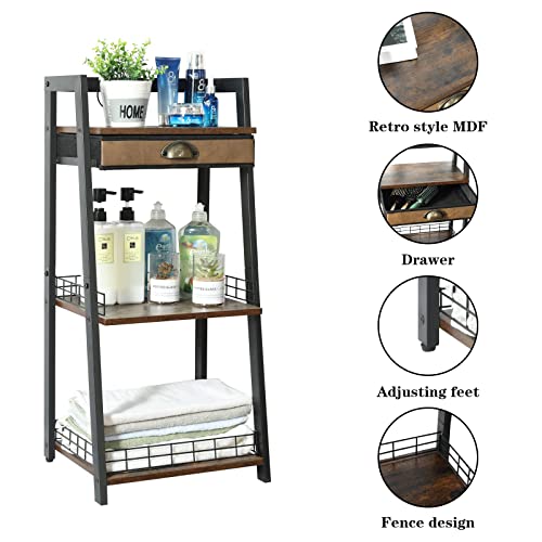 Keomaisyto 3-Tier Bathroom Ladder Shelf, Bathroom Floor Storage Shelf With Drawer, Freestanding Tower Shelf, Open Shelving Unit For Bathroom Living Room Balcony #TOP3