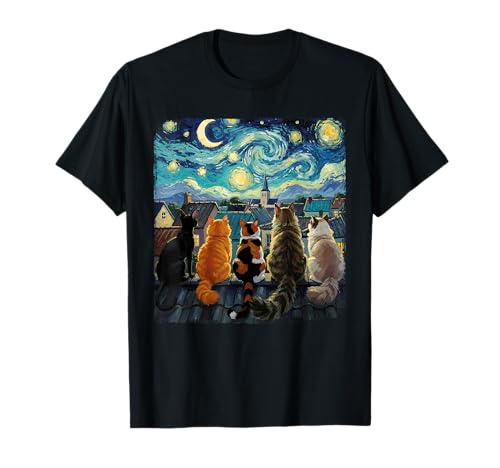 Funny Cat Starry Night Van Gogh Cats Rooftop Scene Feline T-Shirt