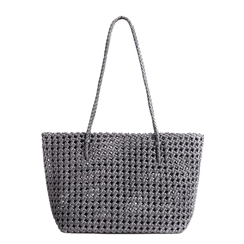 Image of JINMANXUE Woven Tote Bag For Women,Travel Shoulder Bag, Large Hollow Beach Soft Satin Handbags Hand-woven Satchel Clutch
