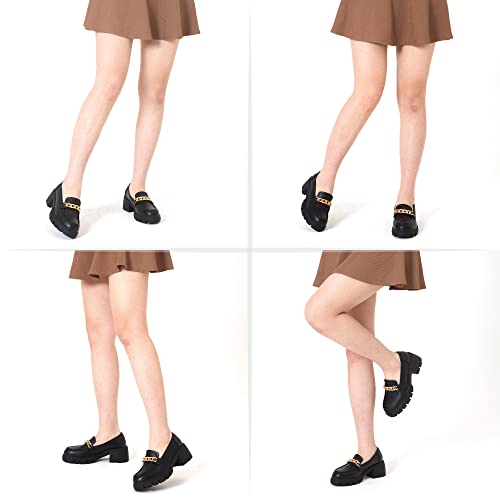 Aminugal Vintage Platform Loafers For Women Chunky Heels Lug Sole Slip-Ons Chain Round Toe Uniform Dress Shoes Classic Penny Loafers #TOP2
