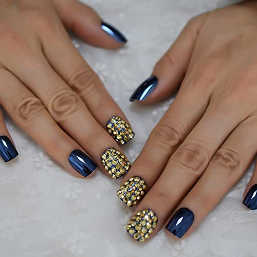 Coolnail Punk Dark Blue Reflective Mirror Metal Plating Press On False French Nail Tips Punk Metallic Gold Diamond Fake Nails For Women And Girl #TOP3
