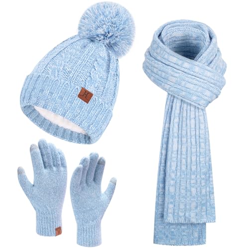 Womens Winter Warm Beanie Hat Touchscreen Gloves Long Scarf Set Rib Cable Knit Fleece Lined Skull Pom Caps