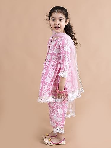 Pspeaches Girls Pink Printed Gotta Patti Pure Cotton Kurta With Palazzos With Dupatta (Pink-6-7Y)
