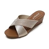AZAGNEEM Women's Shiny Strappy Wedge Slides Sandals Fashion Comfortable Round Open Toe Backless Slip On Platform Slippers Summer Outdoor Daily Party Dress Rome Sandals (gold,7)