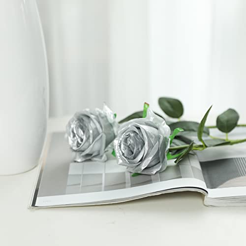 Veryhome Artificial Silver Flowers Silk Roses Real Touch Bridal Wedding Bouquet For Home Garden Party Floral Decor 10 Pcs (Blooming Rose - Silver) #TOP1