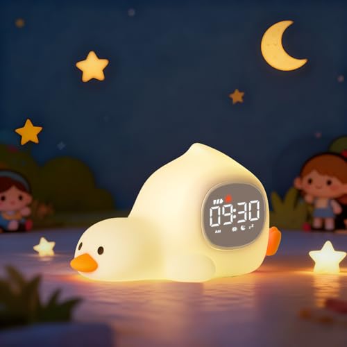 Laying Duck Alarm Clock with Night Light for Kids with Sleep Training and Sound Machine, Rechargeable Silicone Lamp OK to Wake Clock，Cute Animal Tabletop Lamp, Perfect Sleep Companion for Boys Girls