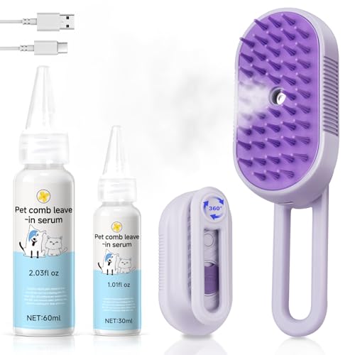 Pet Steam Brush for Dog & Cat – shower bath brush – Steam for Shedding & Grooming Water Brush for Long & Short Haired Pets Spritz Defur Comb 3-in-1 Spray Hair Removal Comb Includes 2*Waterless Shampoo