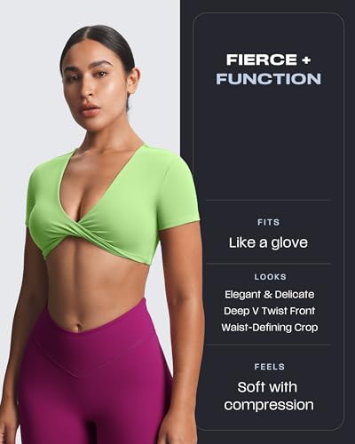 Image of Aoxjox Short Sleeve Crop Tops for Women Sienna Twist Deep V Workout Cropped T Shirt Top (Paradise Green, Small)