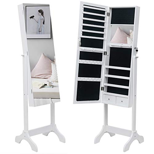 SoSo-BanTian1989 Mirrored Jewelry Armoires, Large Capacity Wood Jewelry Cabinet Organizer with Adjustable Full Body Dressing Mirror (White)