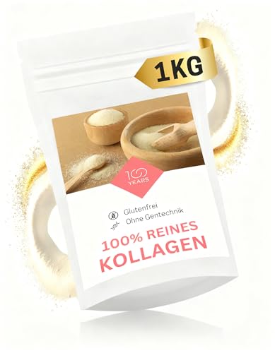 100years NEU 2025 - Hochdosiertes Kollagen Pulver 1kg - Geschmacksneutral, 100% Reines Collagen Pulver ohne Zusätze - Collagen Peptide Typ 1 - Abgefüllt in Deutschland