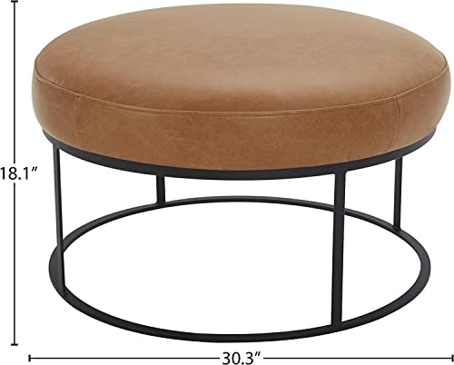 Amazon Brand – Rivet Revere Round Leather Iron-Framed Ottoman, 30.3"W, Cognac #TOP2