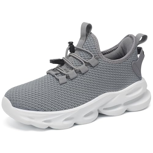 Image of Fulkid Kids Girls Boys Tennis Shoes Breathable Athletic Boys Sneakers Lightweight Sports Girls Tennis Shoes with Quick Adjust Bungee Sneakers for Girls Grey Size 1