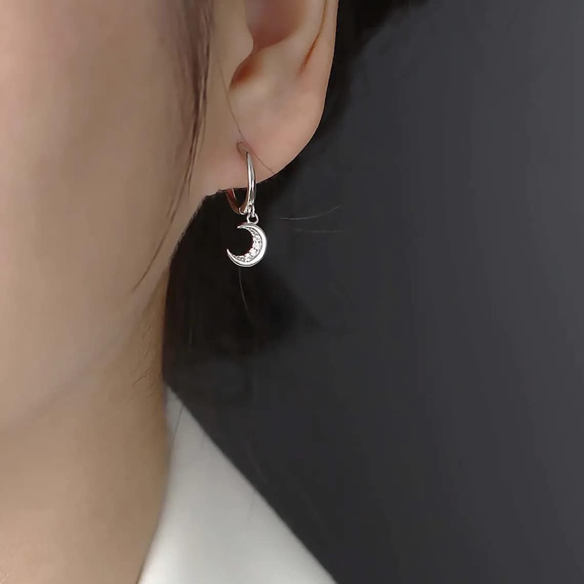Dainty Hoop Dangle Earrings for Women, Small Hoop Earring with Charm - Moon Star, Spike, Evil Eye, Sterling Silver Huggie Drop Earrings for Her - Image 2