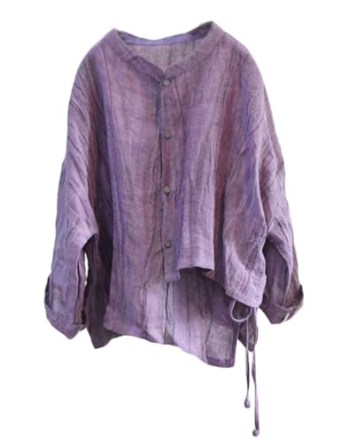 NFYM Women's Linen Asymmetrical Shirt Top Irregular Hem Tie Retro Stand Collar Button Blouse Shirts