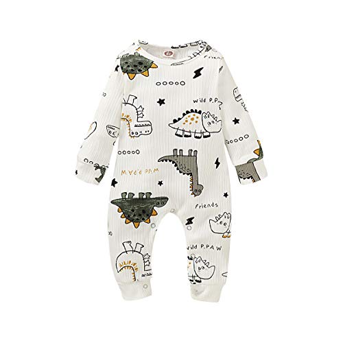 Verve Jelly Toddler Baby Boys Girls Dinosaur Romper Ribbed Long Sleeve Bodysuit Dinosaur Print Fall Winter Clothes Set, Dinosaur-long, 3-6 Months
