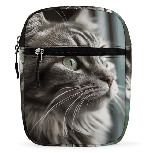 Personalized Small Crossbody Bag Water Resistant Messenger Bags Mini Gray with Green Eyes Printing SlingBag For Men Women