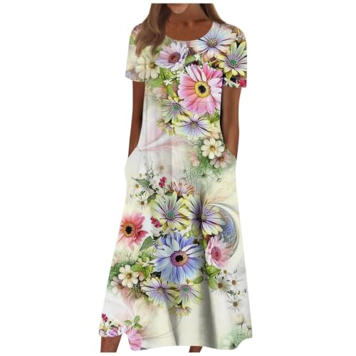 Robe d'été pour femme en coton et lin avec poches et imprimé décontracté