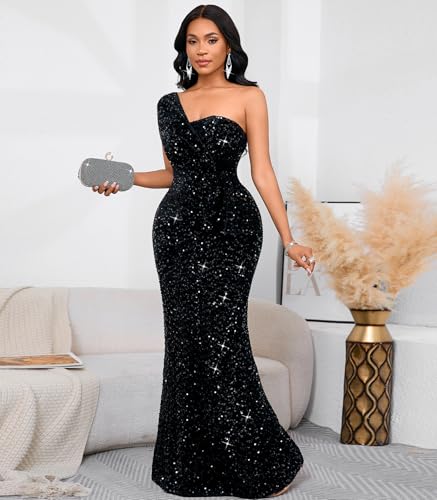 Cololura Women Sexy Sequin One Shoulder Mermaid Formal Party Cocktail Gowns Bodycon Evening Maxi Dress4