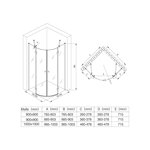Mai & Mai Viertelkreis-Dusche R02VS Milchglas-Duschkabine 90x90x190cm 2 Pendeltüren 6mm ESG-Sicherheitsglas inkl. Nano-Beschichtung – Bild 8
