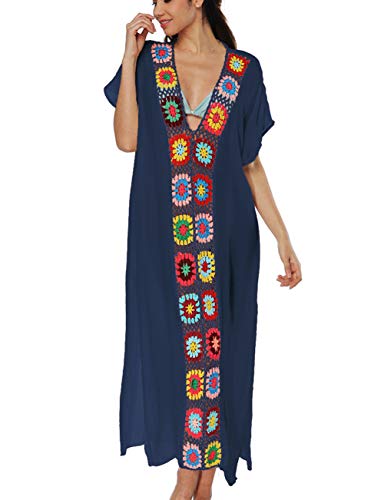 Bsubseach Women Crochet Patchwork Long Bikini Cover Up Deep V Neck Short Sleeve Kaftan Maxi Beach Dress Navy