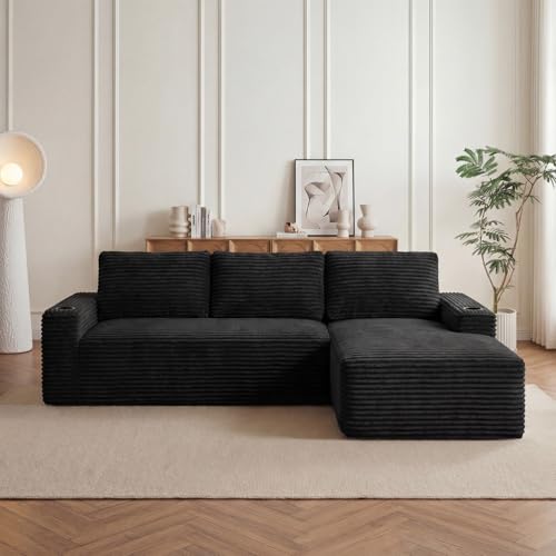 Image of 104 inch L Shaped Boneless Sectional Couches for Living Room, Comfy Corduroy Floor Cloud Sofa with Chaise and Cup Holder, Wide Armrest, Deep Seat, Assembly Free, Ideal for Small Spaces, Black