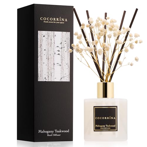 Image of COCORRINA Reed Diffuser - Mahogany & Teakwood 6.7 fl oz Scented Diffuser with 8 Sticks Home Fragrance Reed Diffuser for Bathroom Shelf Decor