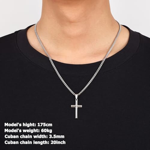 Image of Fiusem Silver Tone /Black /14K Gold Plated Cross Necklace for Men, Beveled Edge Pandent Mens Necklace, 3.5MM Stainless Steel Cuban Chain, 16-24 Inches Jewelry Gifts