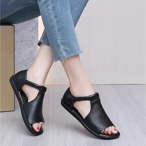 Women's Genuine Leather Round Open Toe Flat Roman Sandals Fashion Hook and Loop Casual Platforms Fisherman Sandals Comfort Softsole Non-Slip Beach Walking Sandal Shoes4