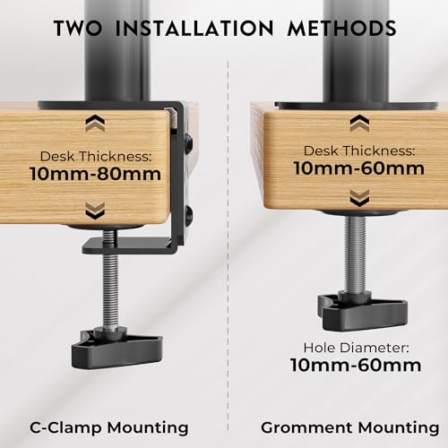 BONTEC Dual Monitor Stand, Vertical Arm for 13-34 Inch Screens, Supports Up to 10kg, Full Motion Adjustability, Desk Mount with Dual Installation Options, VESA Compatible, Cable Management Included - Image 7