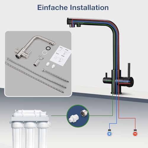 3 Wege Wasserhahn Küche Küchenarmatur 360° schwenkbar 3 in 1 Mischbatterie Küche für Wasserfilter, Trinkwasserhahn mit 2 Hebel, Drei Wege Armatur, Spültischarmatur aus Edelstahl, matt schwarz
