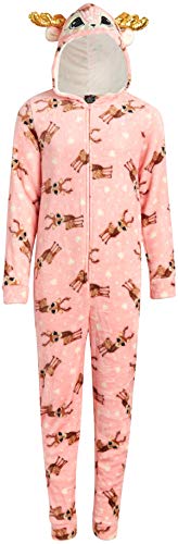 dELiAs Girls Coral Fleece Onesie Pajamas with Character Hood (Pink Reindeer, 10-12)