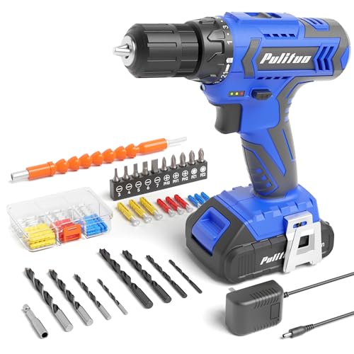 PULITUO Cordless Drill Set, 20V Electric Power Drill with Battery And Charger, Torque 30N, 21+1 Torque Setting, 2 Various Speed, with 43pcs Drill Driver Bits Kit, Screws Set, Dark Bule