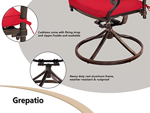 Grepatio Patio Dinning Swivel Chairs Set of 2, Outdoor Swivel Rocker Chair Furniture, Cast Aluminum Dining Chair Set with Cushion for Garden Backyard Antique Bronze(Flower with Red Cushion)