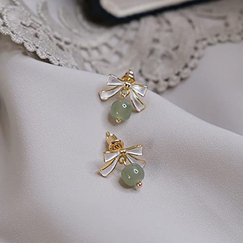 Looyuupee Natural Hetian Jade Beaded Pendant Stud Earrings Bow-Knot Drop Green Jade Ear Studs For Women Gold Earring Jewelry Gift For Mom Lover Her (925 Sterling Silver With Gold Plated) #TOP2