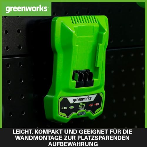 Greenworks 24V 2A Akku Ladegerät, für Greenworks 24V Batterien G24B2 & G24B4, Original Greenworks Ladegerät, Wandmontage + LED-Ladeindikator, Für alle 24V Akkus geeignet, 3 Jahre Garantie, G24C