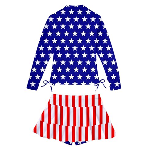 4th of July Long Sleeve Bathing Suits for Kids 8-10 High Waisted Half Zipper Swimwear with Cover Up Skirts 9 Years Big Girls Summer Matching Rash Guard Swimsuits Child 3D Lace Tops Swim Sets — view 2