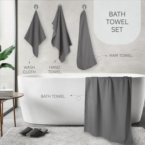 Oversize Bathroom Set- 35x70 Inches, 4-Piece Bath Towels Set (1 Bath Towel, 1 Hair Towel, 1 Hand Towel, 1 Washcloth), Microfiber Shower Towels Waffle Bathroom Towels Super Soft and Absorbent (Gray )