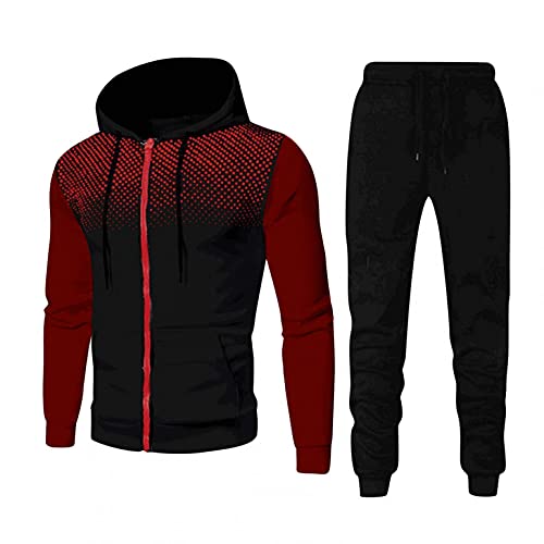 Ensemble pour homme HJHGJ Patchwork à pois, manches longues, fermeture éclair, cordon de serrage et pantalon à la taille élastique noir uni, bordeaux, M Cover