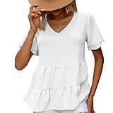 QLINFS Women Short Sleeve Peplum Top Solid Color Layered Flutter Sleeves Blouse Casual Fashion Shirt,White,L