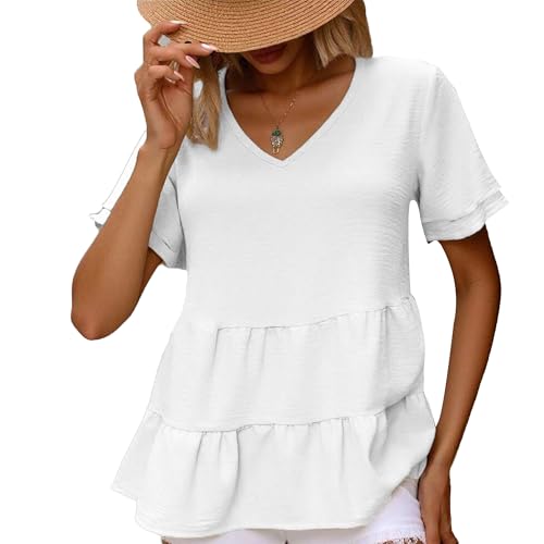 QLINFS Women Short Sleeve Peplum Top Solid Color Layered Flutter Sleeves Blouse Casual Fashion Shirt,White,L