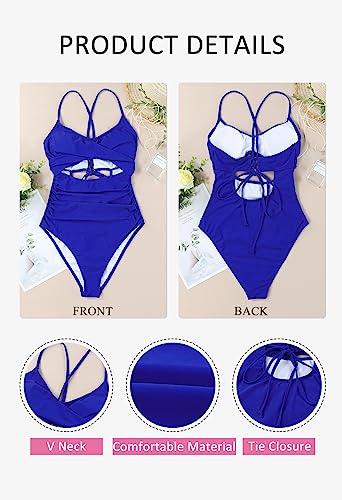 Lasuiveur Women's One Piece Swimsuit V Neck Cutout Tummy Control Lace Up Back Sexy Monokini Bathing Suits Sapphire Blue S #TOP3
